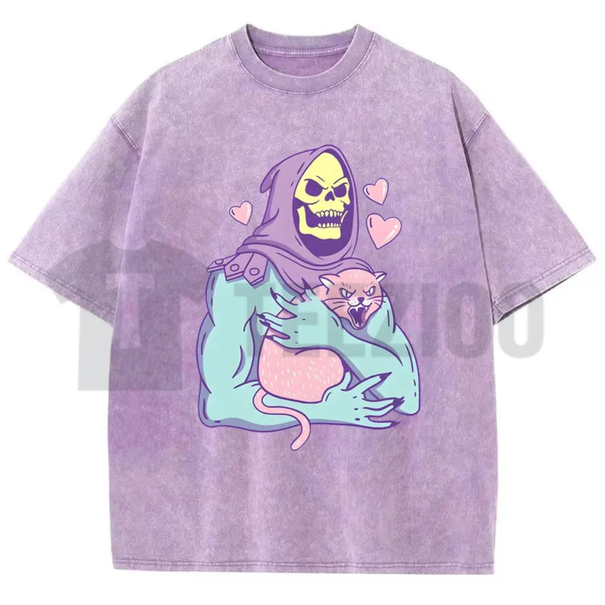 Urban Funny Skull Cat Acid Washed Shirt - 80s 90s Retro Streetwear Graphic Tee