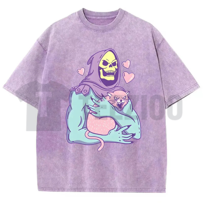 Urban Funny Skull Cat Acid Washed Shirt - 80s 90s Retro Streetwear Graphic Tee
