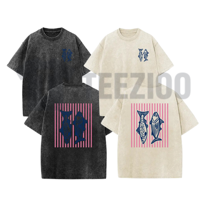 Retro Pink Striped Fish T-Shirt – Acid Wash Dual-Side Graphic Tee