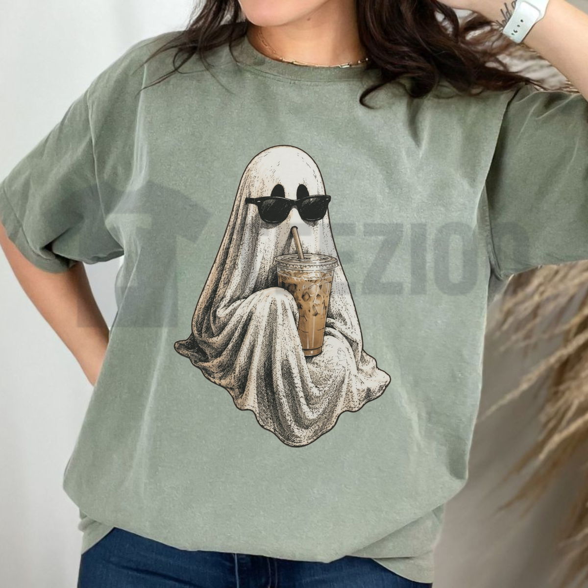Ghost Drinking Coffee Shirt - Retro Spooky Season Iced Latte Tee
