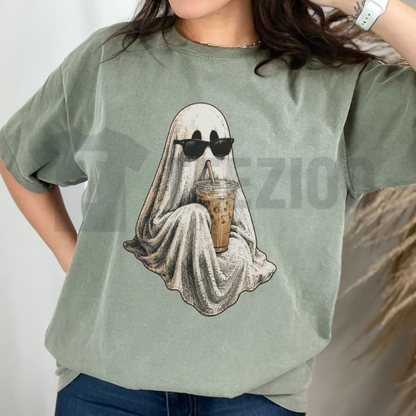 Ghost Drinking Coffee Shirt - Retro Spooky Season Iced Latte Tee