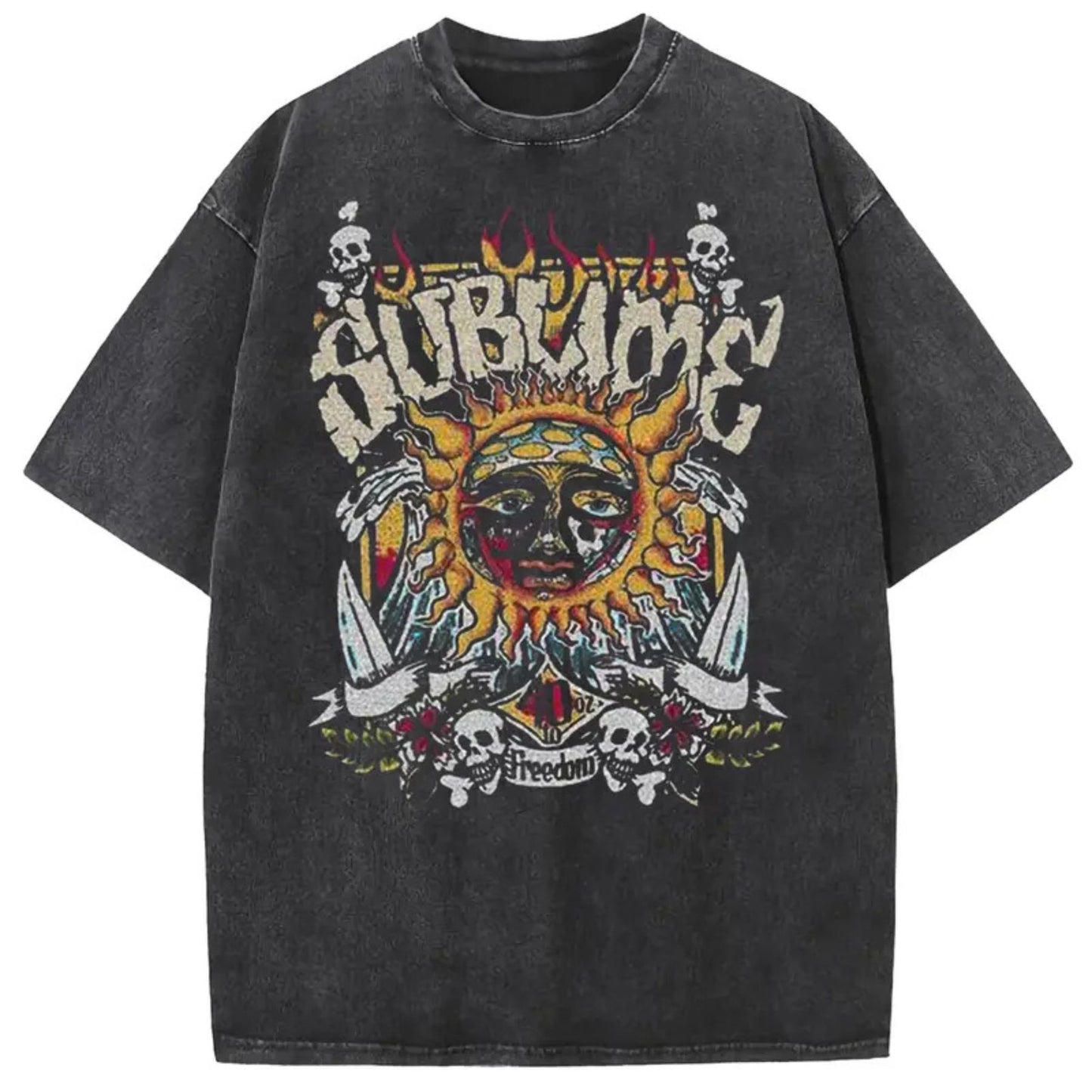 Sun Pattern Acid Washed T-Shirt – Oversized Unisex Vintage Graphic Tee