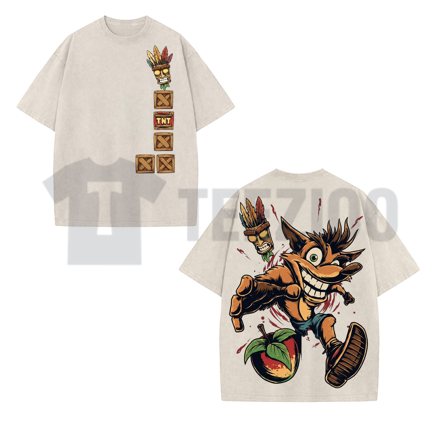 90s Crash Bandicoot Oversized Shirt - Aku Aku Mask Heavyweight Cotton Graphic Tee