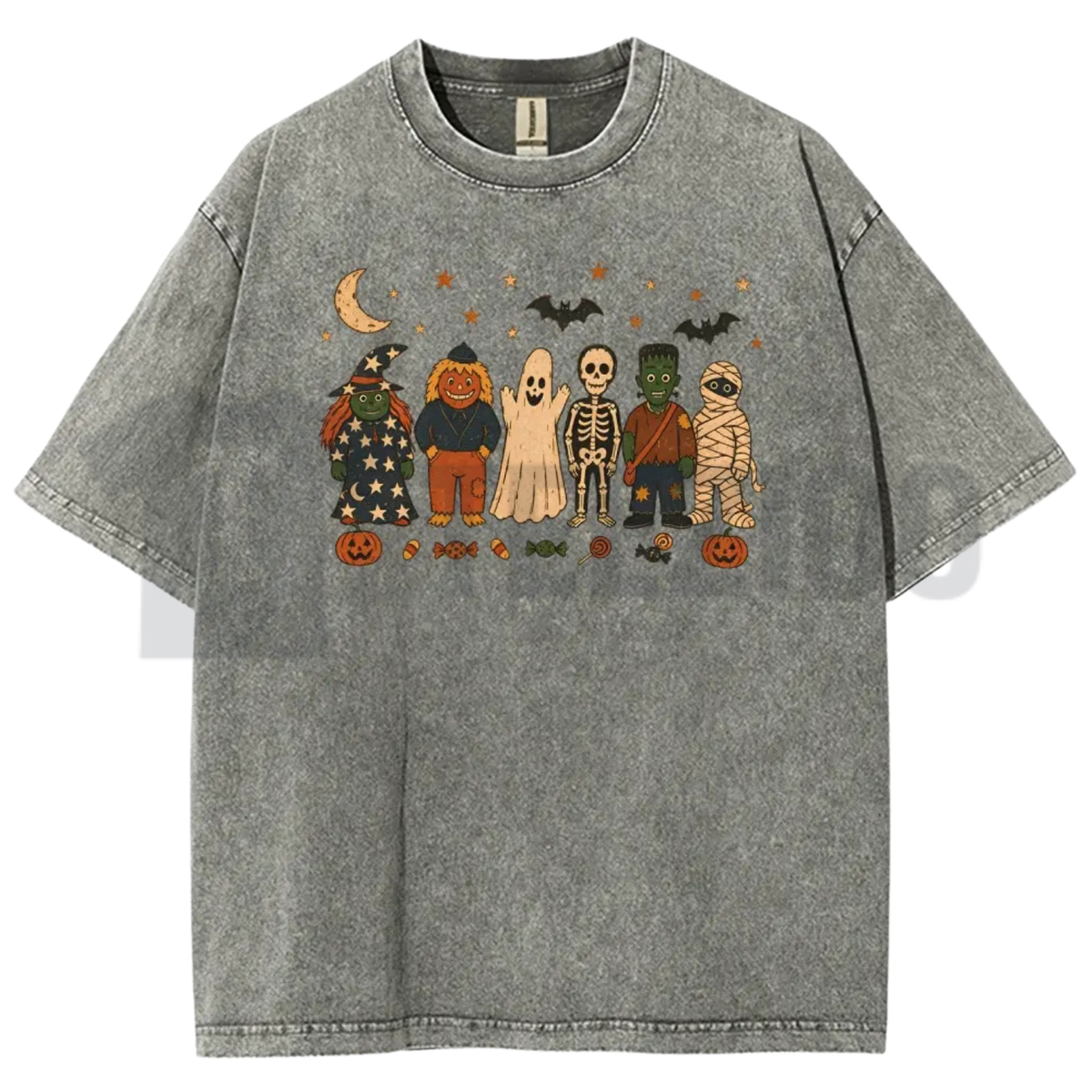 Halloween Acid Wash Shirt - Retro Witches Ghosts Pumpkin Graphic Tee