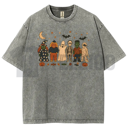Halloween Acid Wash Shirt - Retro Witches Ghosts Pumpkin Graphic Tee
