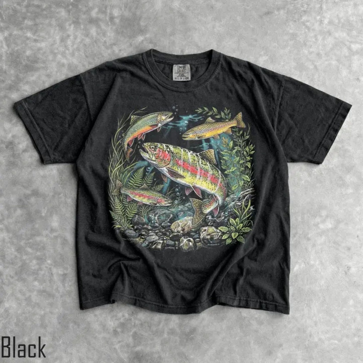 Comfort Colors Vintage Trout Fishing T-Shirt – Retro River Fish Graphic Tee, Aesthetic Angler Nature Shirt, Outdoorsman Gift