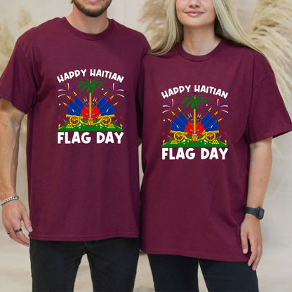 "Happy Haitian Flag Day" T-Shirt – Haiti Heritage Patriotic Graphic Tee, Unisex Cotton Shirt