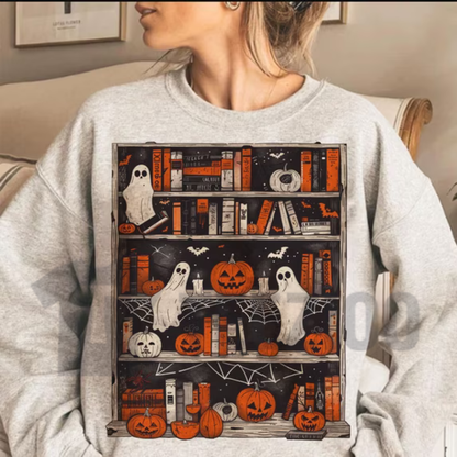 Ghost Bookcase Sweatshirt - Full Color Spooky Bookworm Crewneck