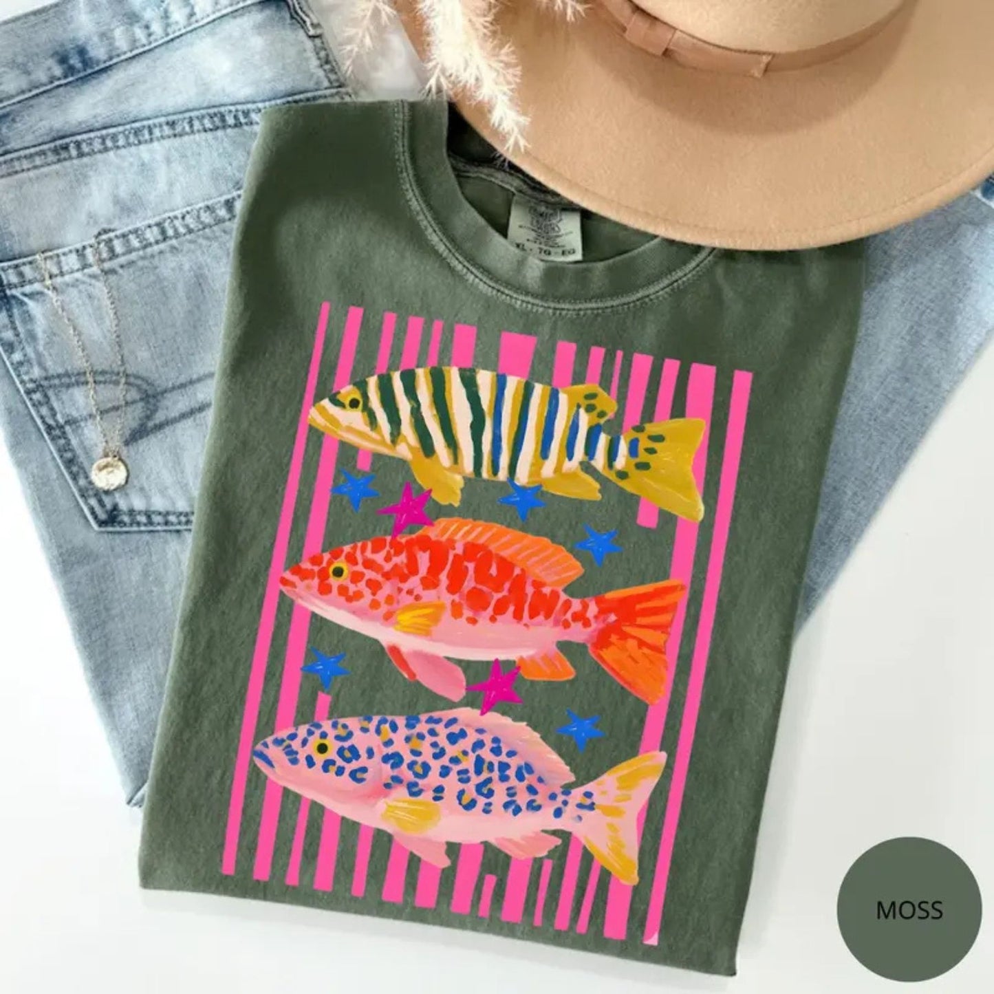 Comfort Colors Preppy Fish T-Shirt – Colorful Maximalist Fishing Graphic Tee, Cute Coastal Aesthetic Shirt for Women