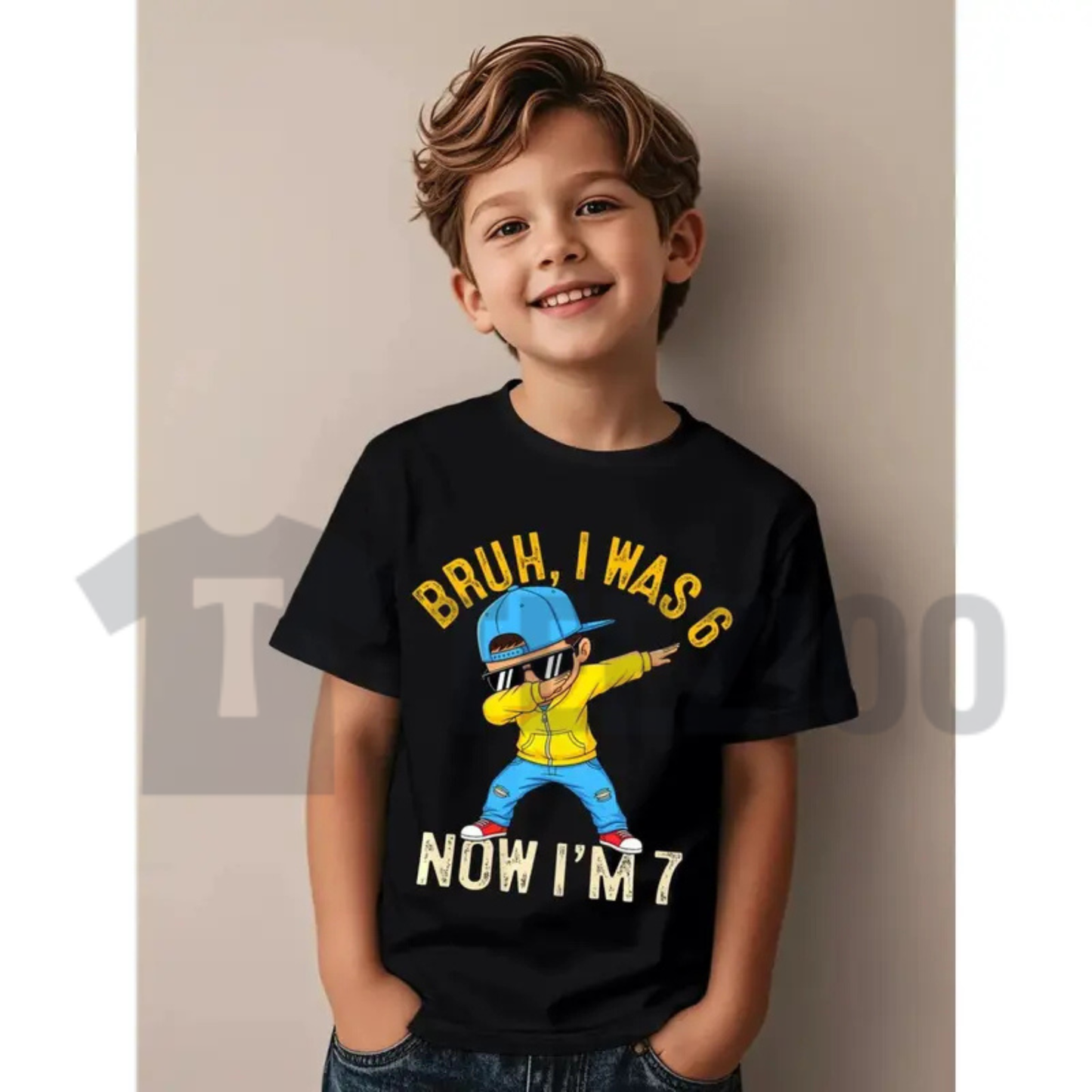 7 Years Old Birthday Boy Shirt – Bold Typography Dabbing Skeleton Graphic Tee