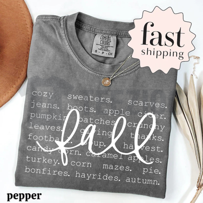 Cozy Fall Shirt - Autumn Favorites Word Graphic Tee