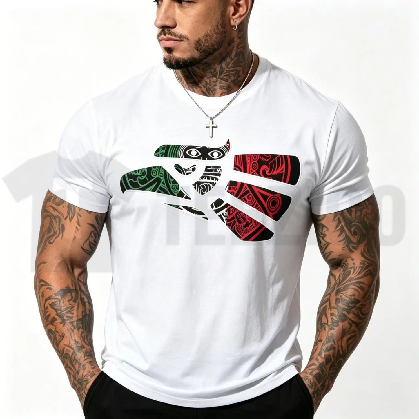 Latino Heritage Mexico Eagle Tribal Art Mexican Flag Tattoo Style T-Shirt