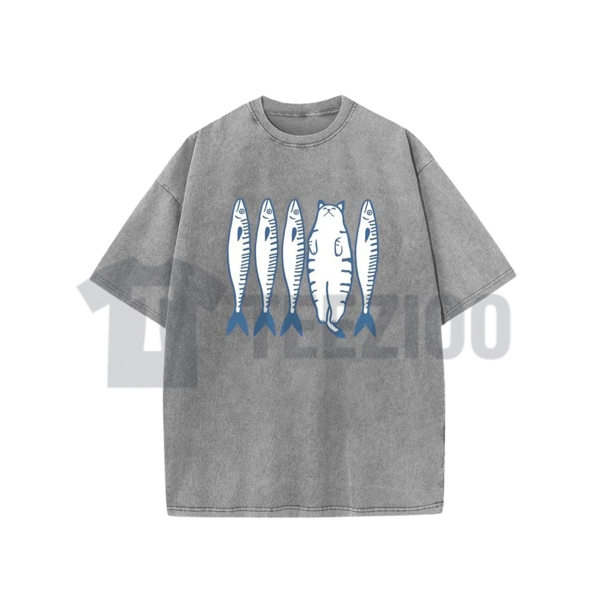 Cotton Acid Wash Cat And Fish Shirt - Retro Cartoon Graphic Tee