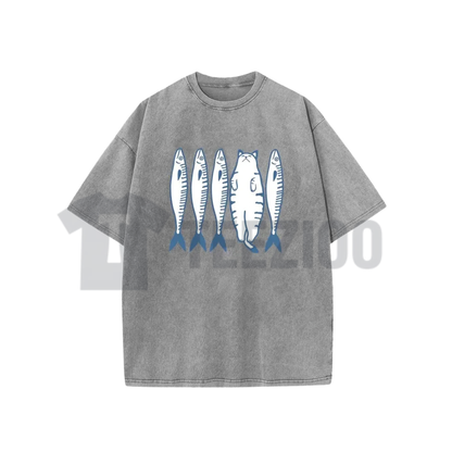 Cotton Acid Wash Cat And Fish Shirt - Retro Cartoon Graphic Tee