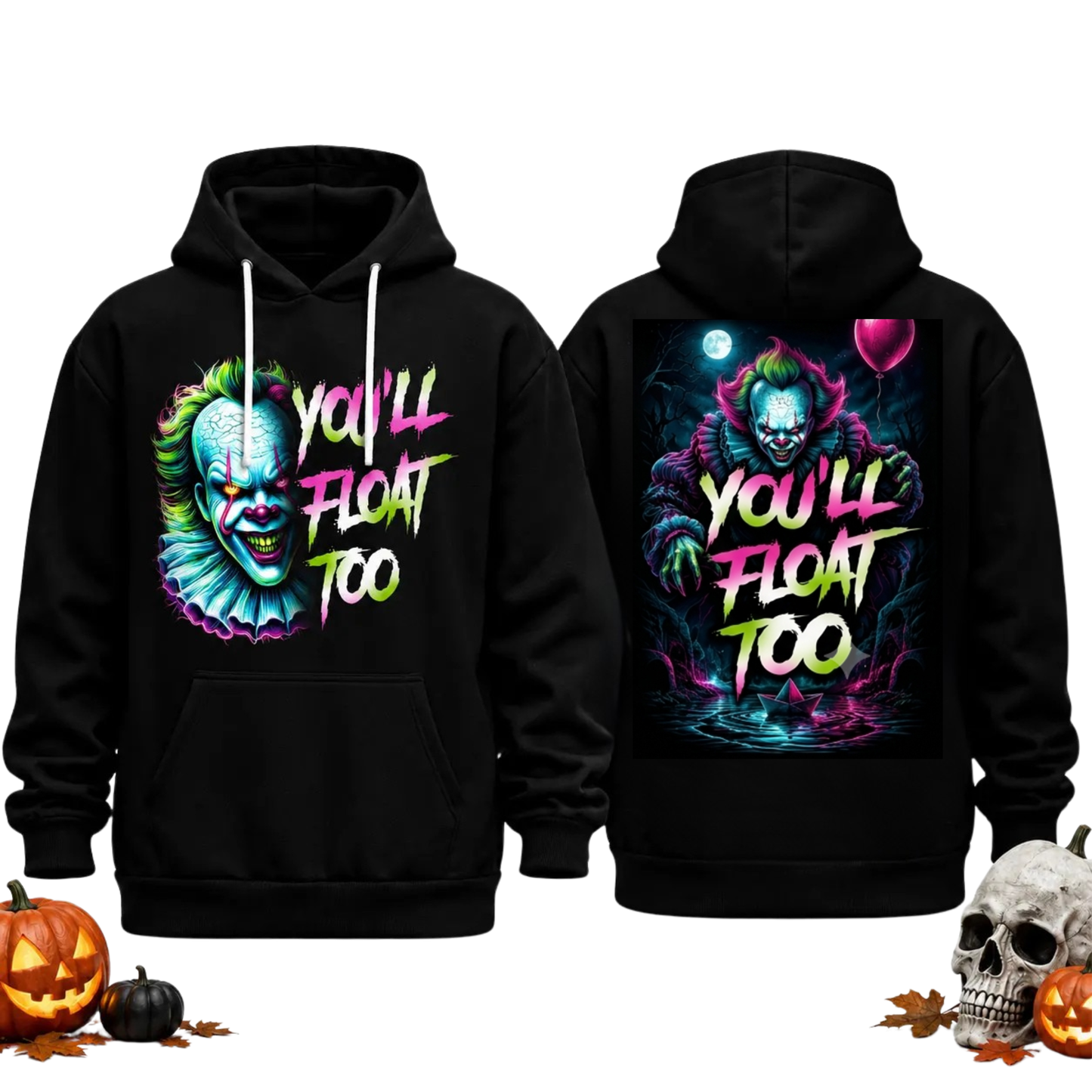 Horror Movie Villain Double Sided Hoodie - Retro Neon Scary Character Pullover