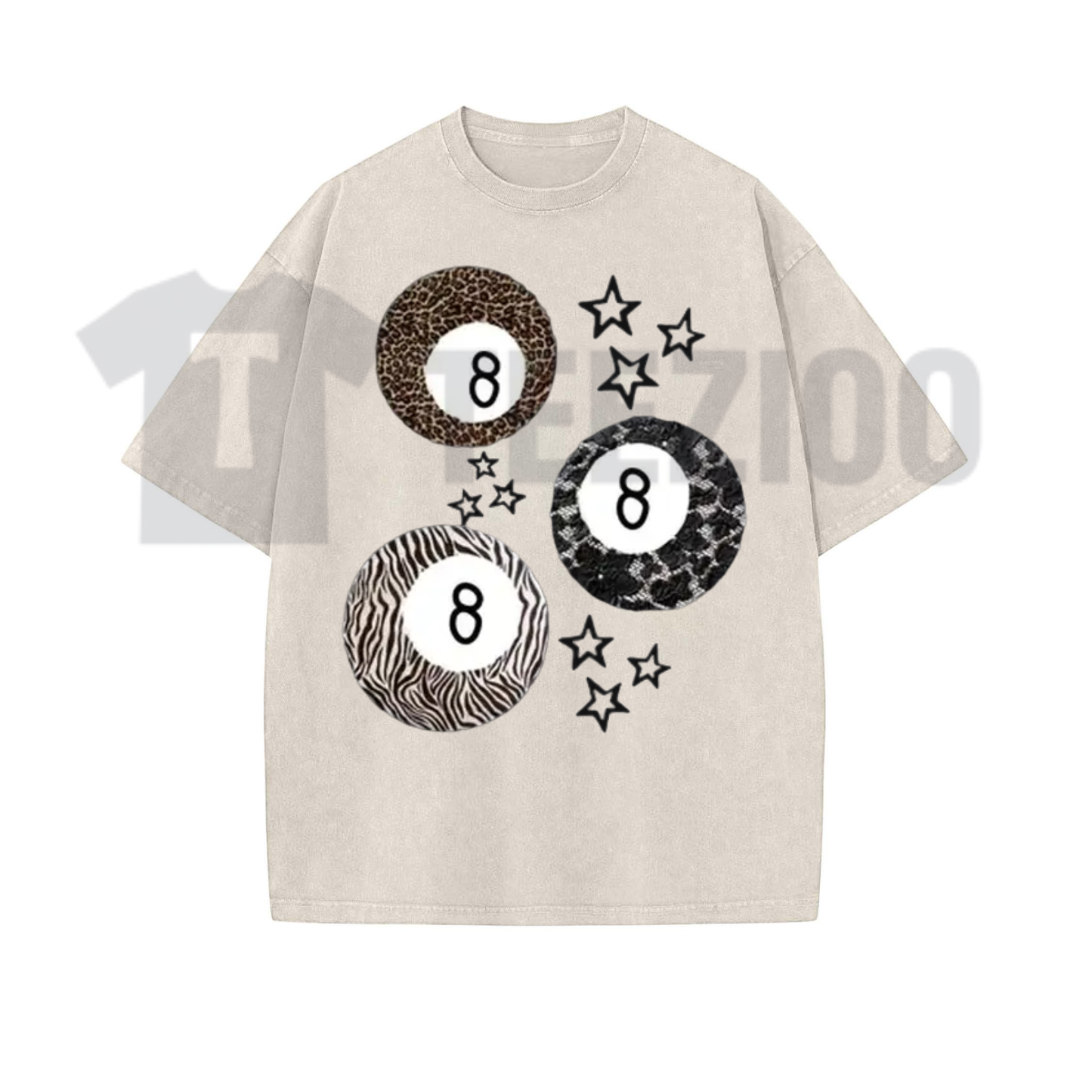 8 Ball Leopard and Stars Print Shirt - Retro Y2K Vintage Acid Washed Graphic Tee