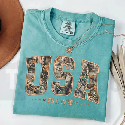 Camo USA Comfort Colors Shirt – Retro Patriotic 4th of July Hunting Tee