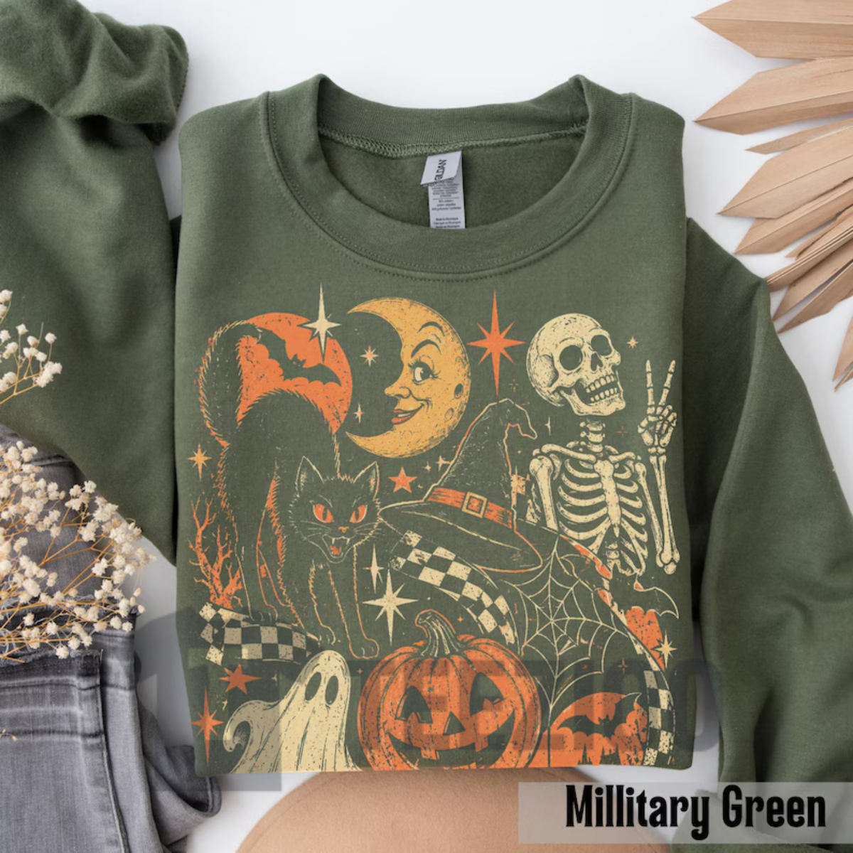 Retro Vintage Black Cat Ghost Skeleton Sweatshirt - Spooky Cute Halloween Pullover