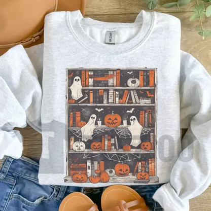 Ghost Bookcase Sweatshirt - Full Color Spooky Bookworm Crewneck