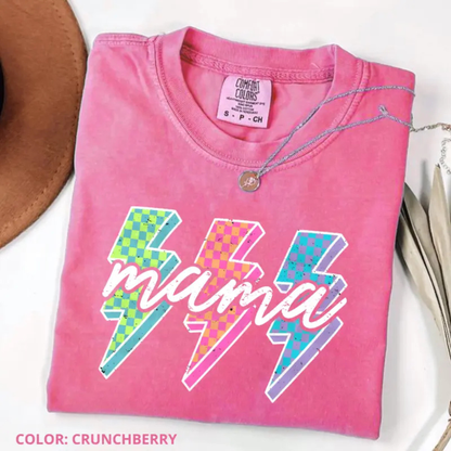 Checkered Neon Mama T-Shirt – Lightning Bolt Graphic Tee
