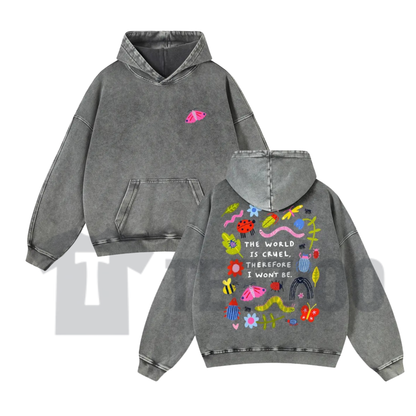 Cute Bug Print Pink Washed Hoodie - Vintage Aesthetic Relaxed Streetwear Pullover