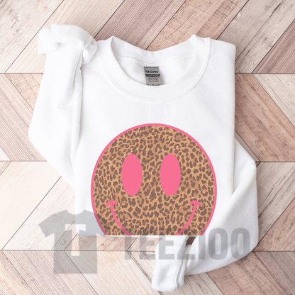 Pink Cheetah Smiley Graphic Shirt - Y2K Leopard Face Unisex Tee
