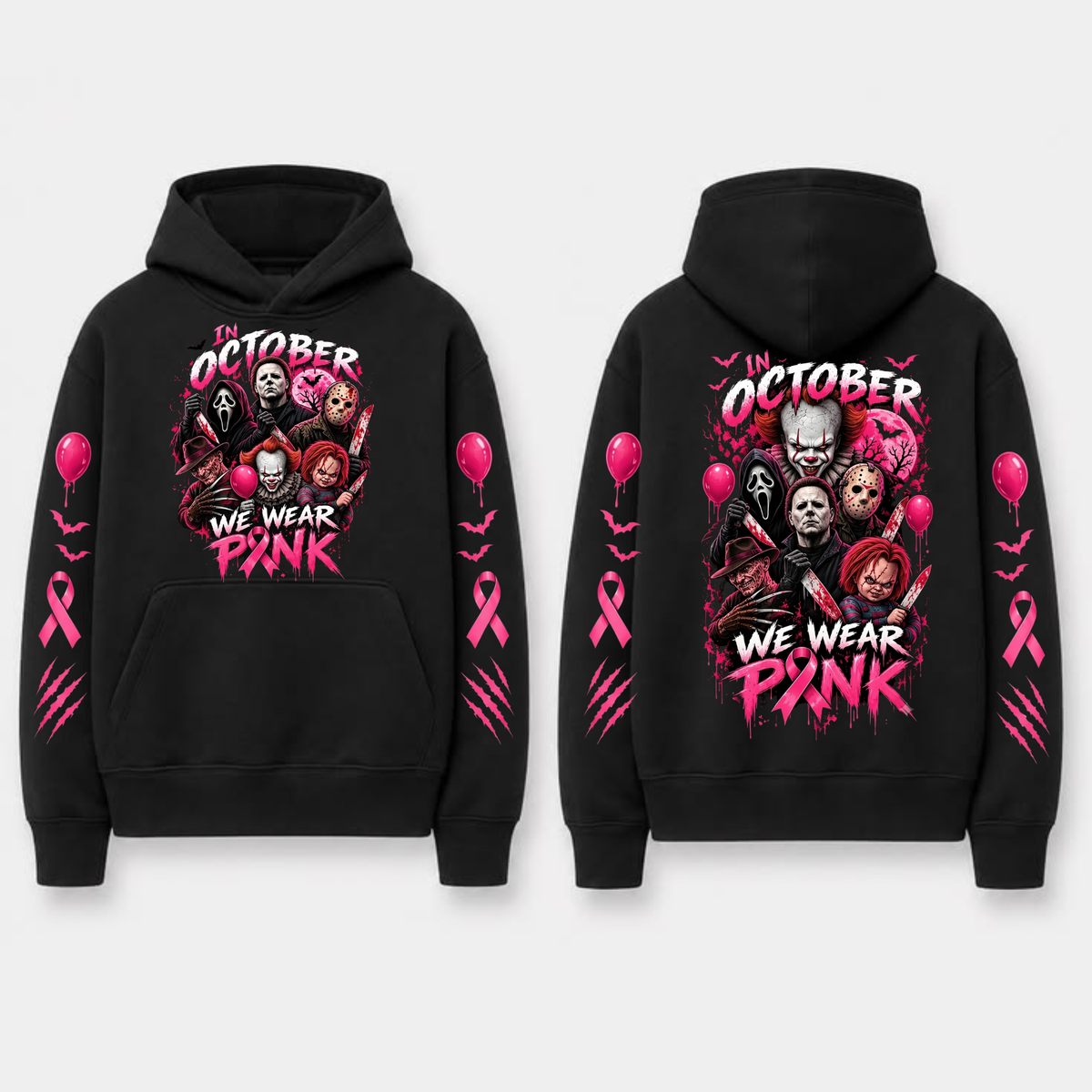 In October We Wear Pink Spooky Ribbon Hoodie - Breast Cancer Support Pullover