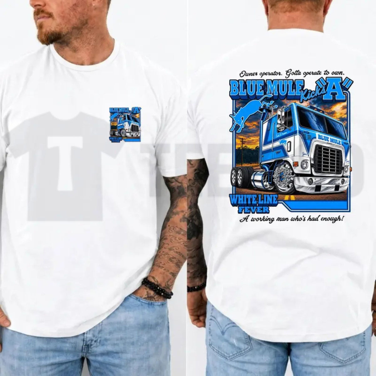Outlaw Country Top – Blue Mule White Line Fever Trucker Band Graphic Apparel