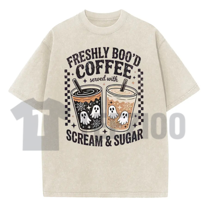 Funny Scream And Sugar Ghost Coffee Washed Shirt - Retro Horror Parody Graphic Tee