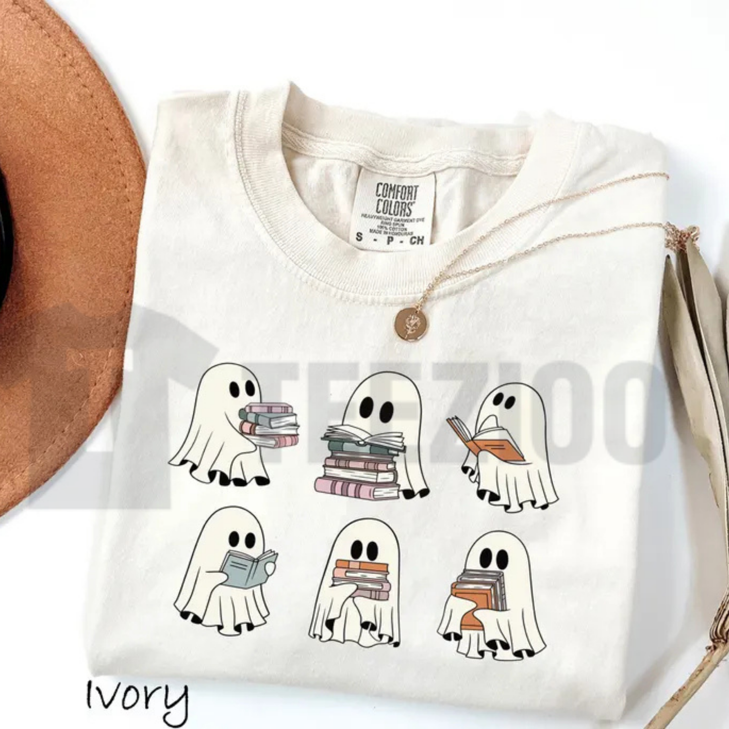 Spooky Halloween Bookshelf Comfort Colors Shirt – Ghost Reader Tee