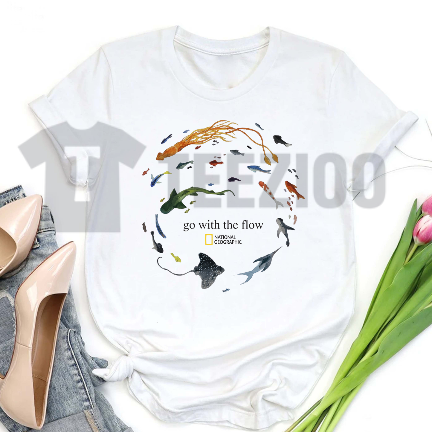 "Go With The Flow" Marine Animals T-Shirt - Cute Ocean Sea Life Graphic Tee