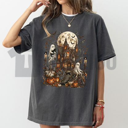 Haunted House Ghost Halloween T-Shirt - Spooky Season Retro Tee