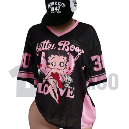 Y2K Vintage Doll Print Mesh Top | Retro V-Neck Streetwear