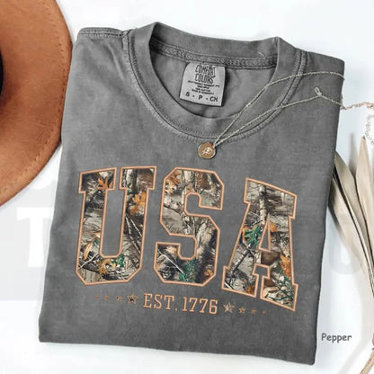 Camo USA Comfort Colors Shirt – Retro Patriotic 4th of July Hunting Tee