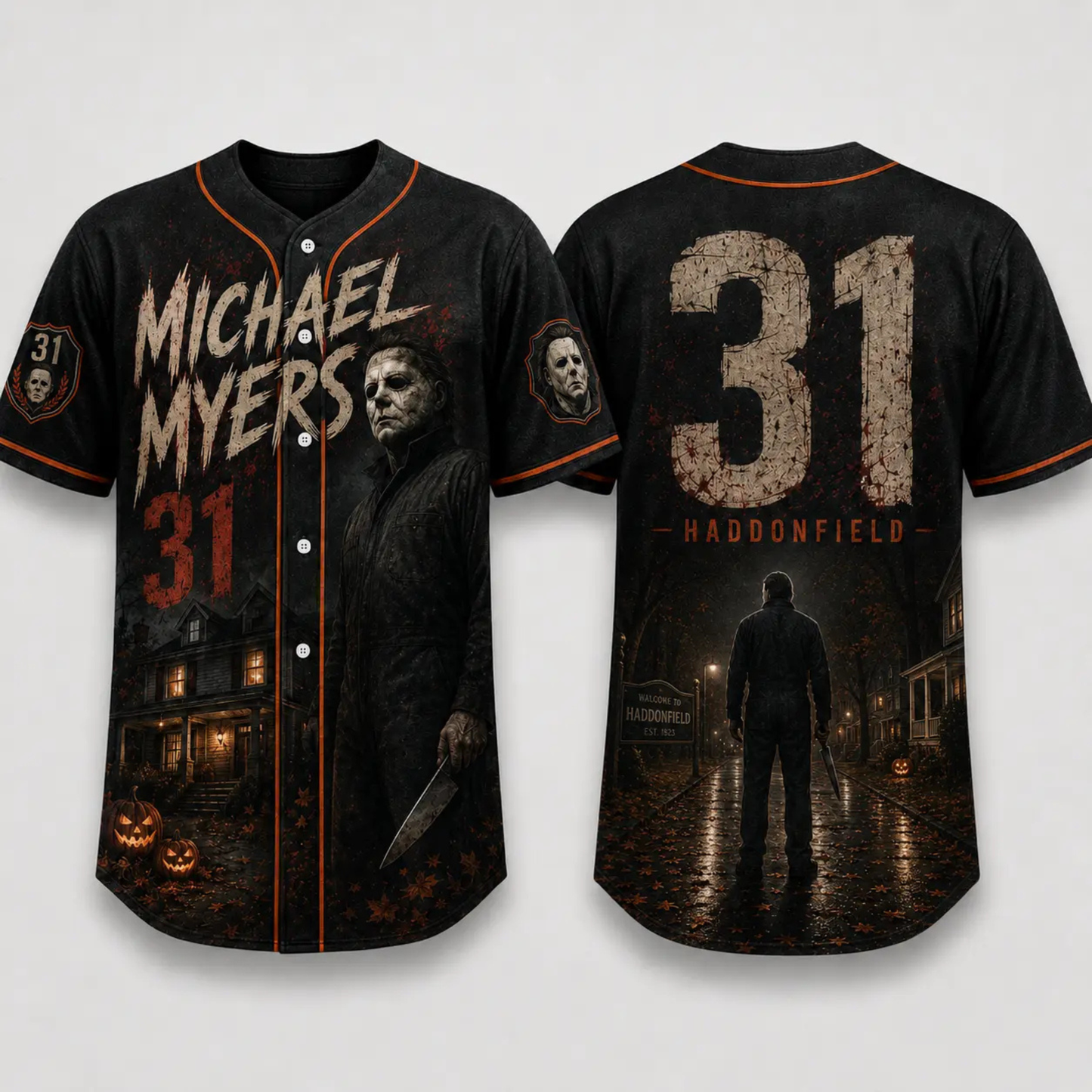 Horror Slasher Baseball Jersey - Gothic Halloween Button Front Shirt & Dark Graphic Top