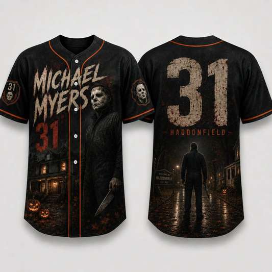 Horror Slasher Baseball Jersey - Gothic Halloween Button Front Shirt & Dark Graphic Top