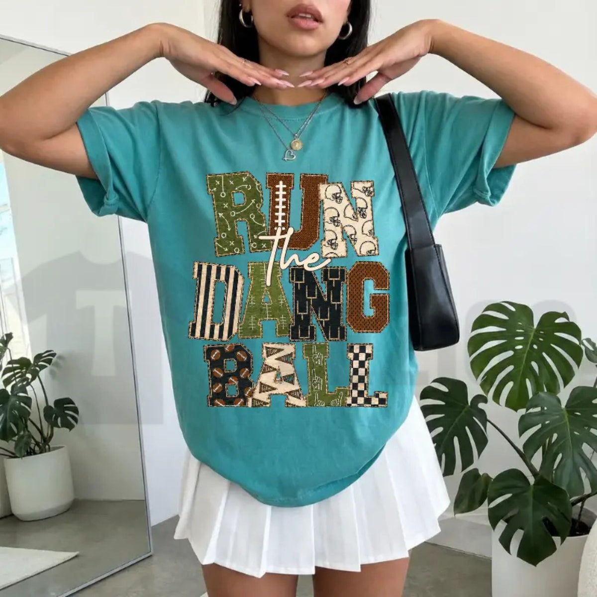 Patchwork Run The Dang Ball Shirt – Leopard Football Mom Retro Game Day Tee