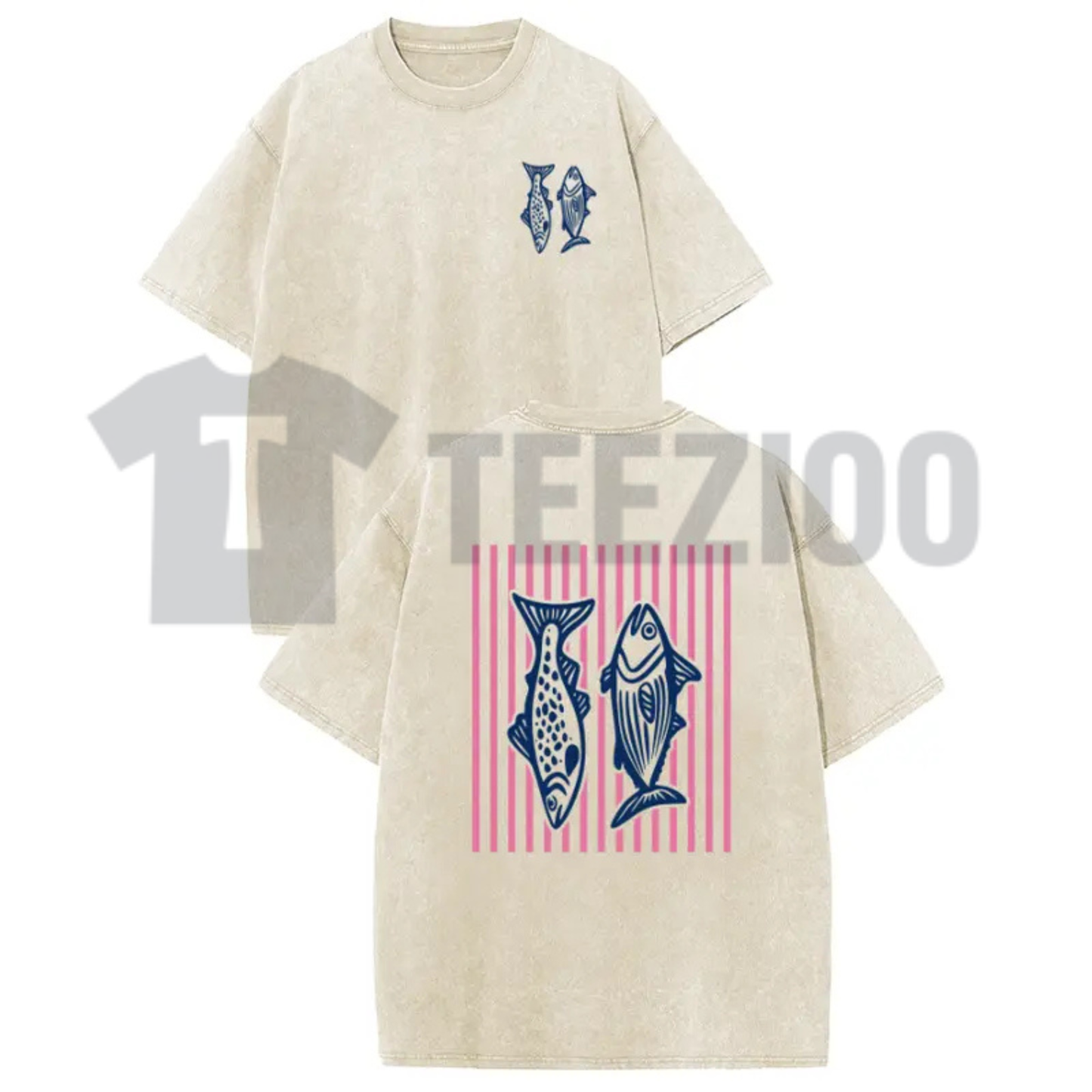 Retro Pink Striped Fish T-Shirt – Acid Wash Dual-Side Graphic Tee