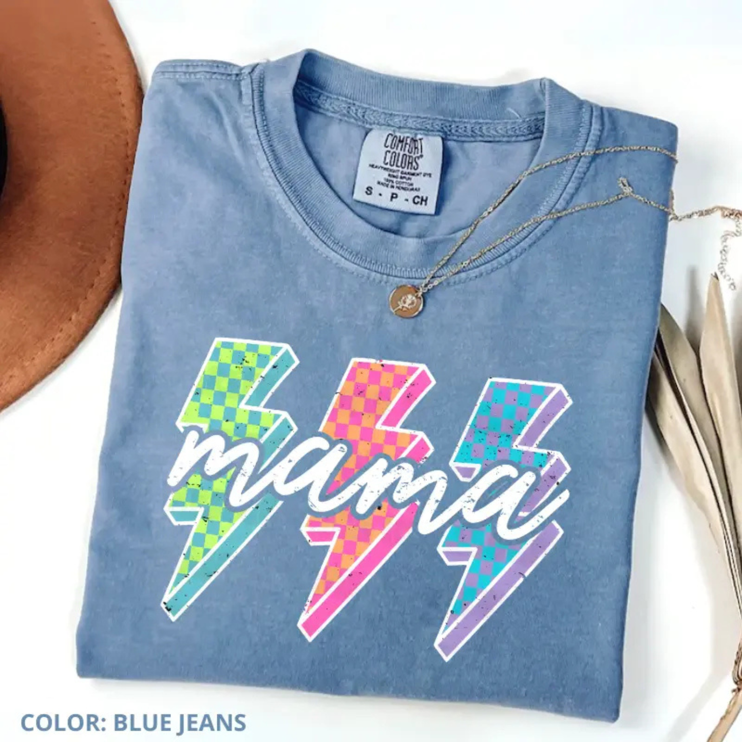 Checkered Neon Mama T-Shirt – Lightning Bolt Graphic Tee