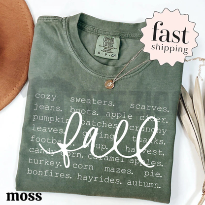 Cozy Fall Shirt - Autumn Favorites Word Graphic Tee