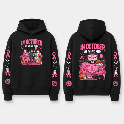 In October We Wear Pink Spooky Ribbon Hoodie - Breast Cancer Support Pullover