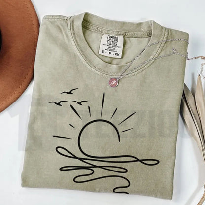 Sun Ocean Boho Comfort Colors Shirt – Minimalist Linear Summer Beach Tee