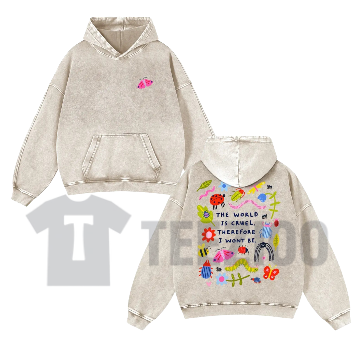 Cute Bug Print Pink Washed Hoodie - Vintage Aesthetic Relaxed Streetwear Pullover