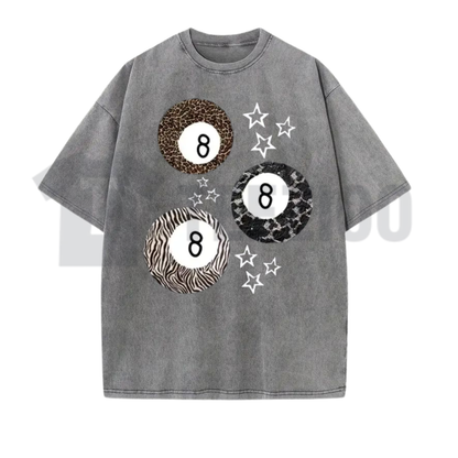 8 Ball Leopard and Stars Print Shirt - Retro Y2K Vintage Acid Washed Graphic Tee