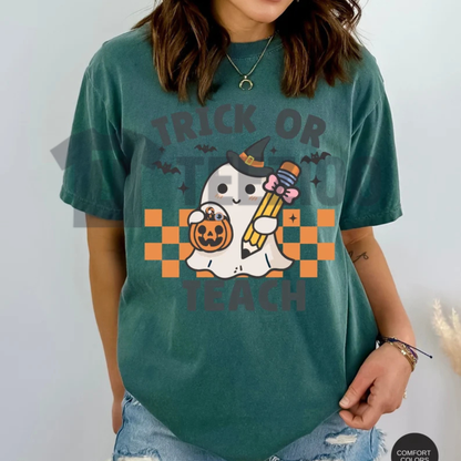 Retro Ghost Teacher Halloween Shirt - "Trick or Teach" Educator Tee