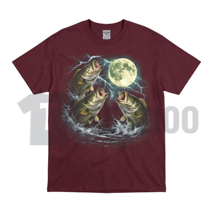 Bass Fish Moon 90s Vintage Graphic T-Shirt - Retro Largemouth Bass Fishing Tee