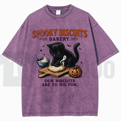 Spooky Black Cat Vintage Graphic Tee – Oversized Halloween Acid-Wash Shirt
