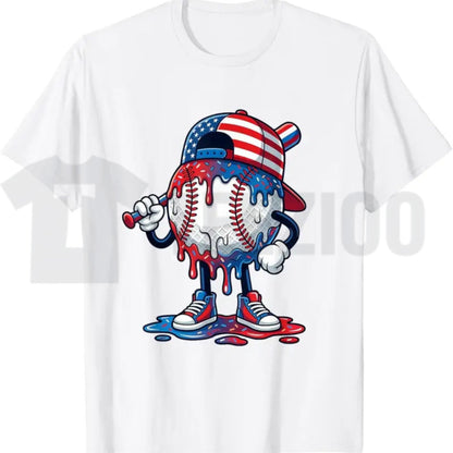 Baseball Drip Patriotic Ice Cream US Flag Youth Boys Summer Graphic T-Shirt