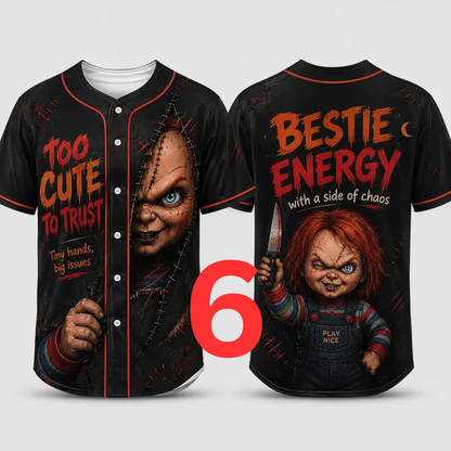 Unisex Horror Graphic Print Baseball Jersey - Slasher Theme Spooky Button-Up
