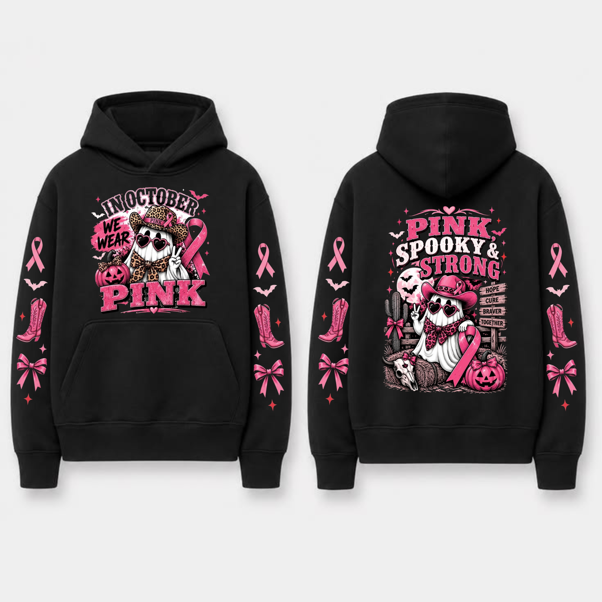 In October We Wear Pink Spooky Ribbon Hoodie - Breast Cancer Support Pullover
